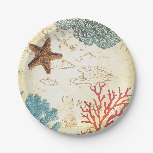 Karibische Nautischstarfish-rustikale Karte und Pappteller (Vorderseite)