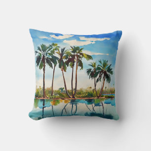 Karibische tropische Insel Palmen Wasserfarbe v1 Kissen