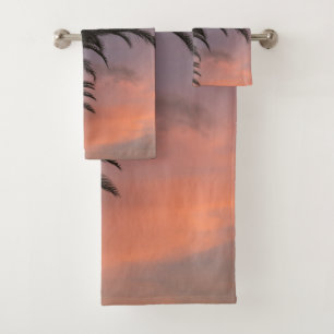 Karibischer Sonnenuntergang mit rosa-lila Palme 1 Badhandtuch Set