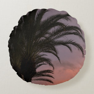 Karibischer Sonnenuntergang Rosa Lila Palme 1 Rundes Kissen