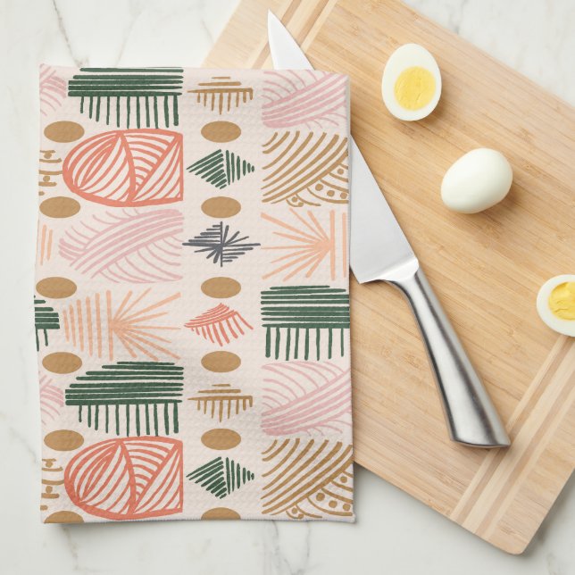 Karibischer Stammbaum: Boho Dark Green, Pink Geschirrtuch (Viertel Falte)