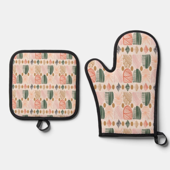 Karibischer Stammbaum: Boho Dark Green, Pink Ofenhandschuh & Topflappen-Set (Vorderseite)