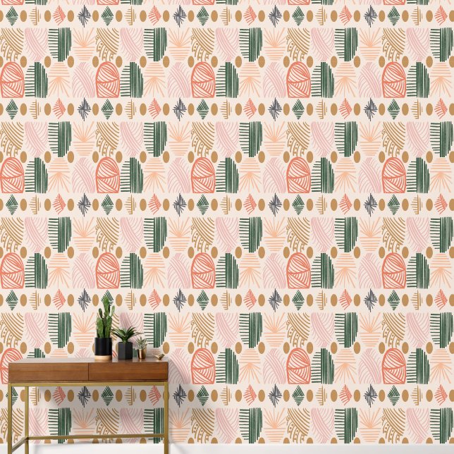 Karibischer Stammbaum: Boho Dark Green, Pink Tapete (Korridor)