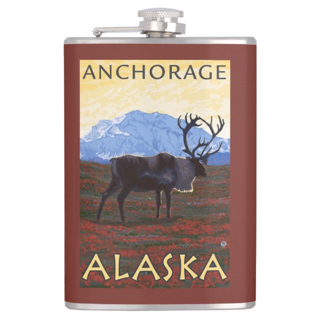 Karibu-Szene - Anchorage, Alaska Flachmann (Vorderseite)