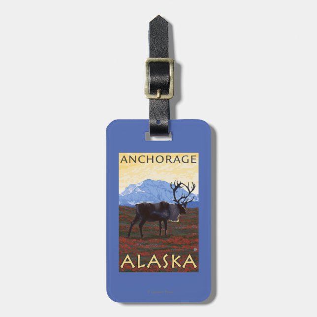 Karibu-Szene - Anchorage, Alaska Gepäckanhänger (Vorderseite vertikal)