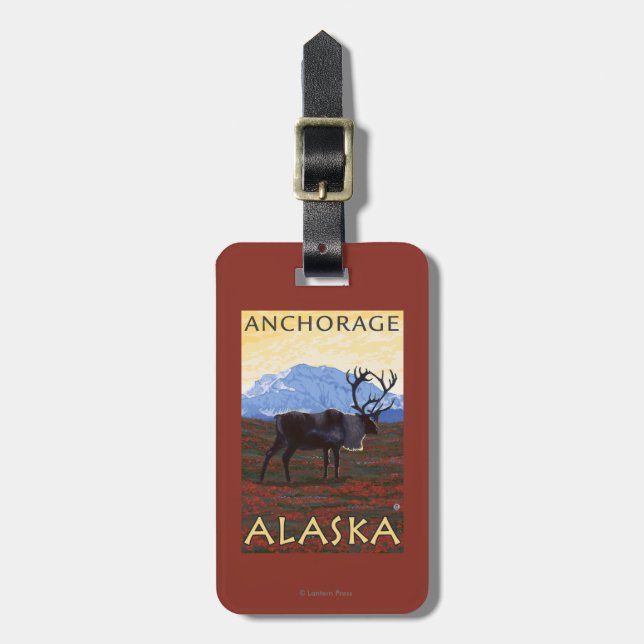 Karibu-Szene - Anchorage, Alaska Gepäckanhänger (Vorderseite vertikal)