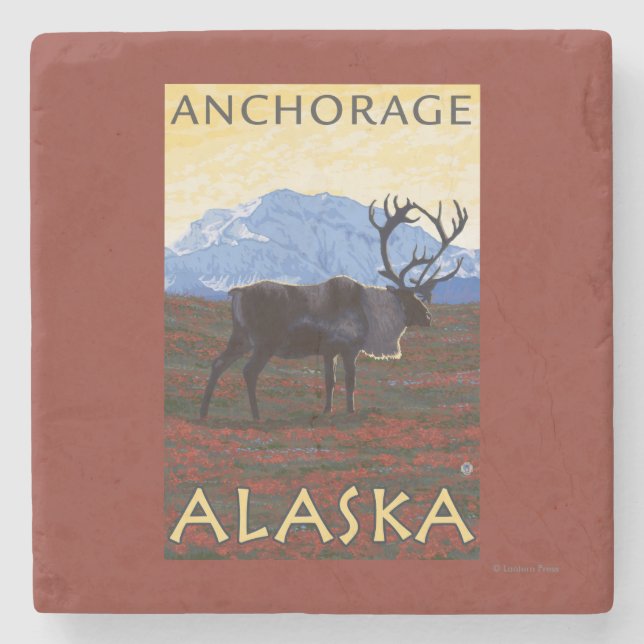 Karibu-Szene - Anchorage, Alaska Steinuntersetzer (Vorderseite)