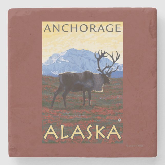Karibu-Szene - Anchorage, Alaska Steinuntersetzer (Vorderseite)