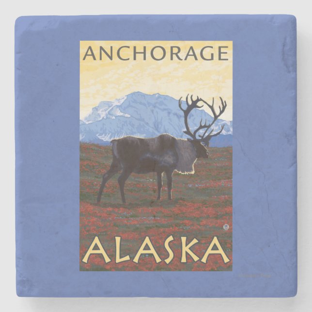 Karibu-Szene - Anchorage, Alaska Steinuntersetzer (Vorderseite)