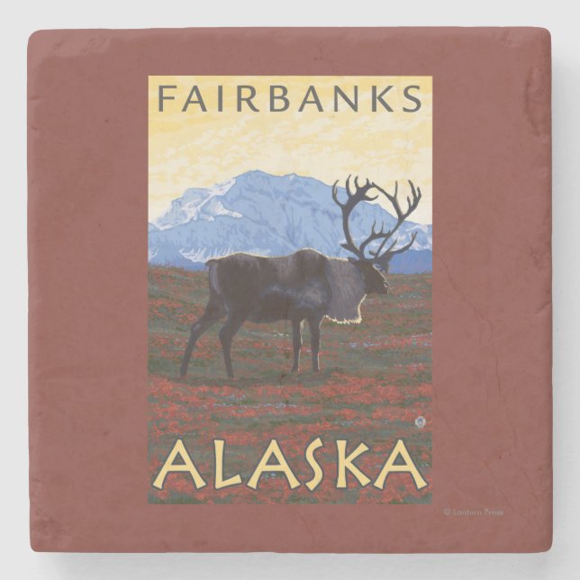 Karibu-Szene - Fairbanks, Alaska Steinuntersetzer (Vorderseite)