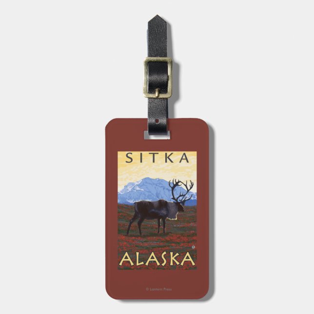 Karibu-Szene - Sitka, Alaska Gepäckanhänger (Vorderseite vertikal)