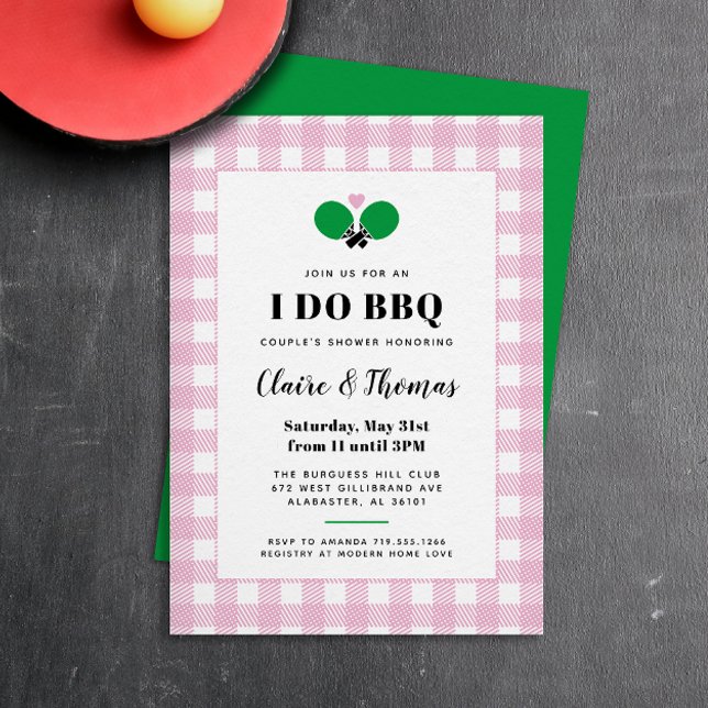 Kariert bleich pink ich GRILLEN Ping Pong Einladun Einladung (preppy pink, green and white gingham plaid country club I Do BBQ invitation)