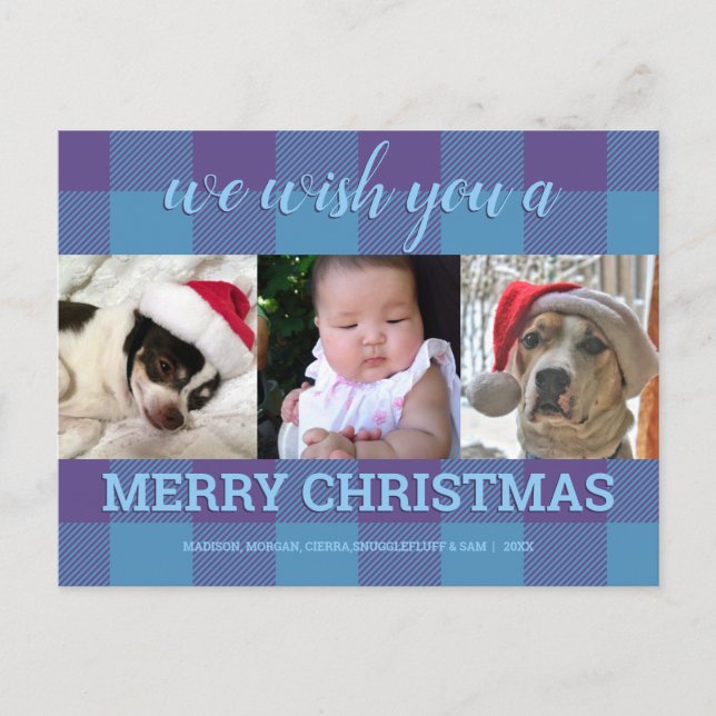 Kariert Blue Lila 3 Foto Collage Weihnachten Postkarte (Vorderseite)