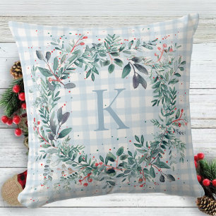 Kariert Blue Monogram Greenerity Weihnachtskranz Kissen