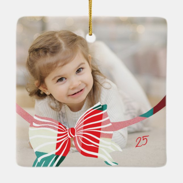 Kariert Bow Yeepake Fotos Weihnachten Keramikornament (Rückseite)