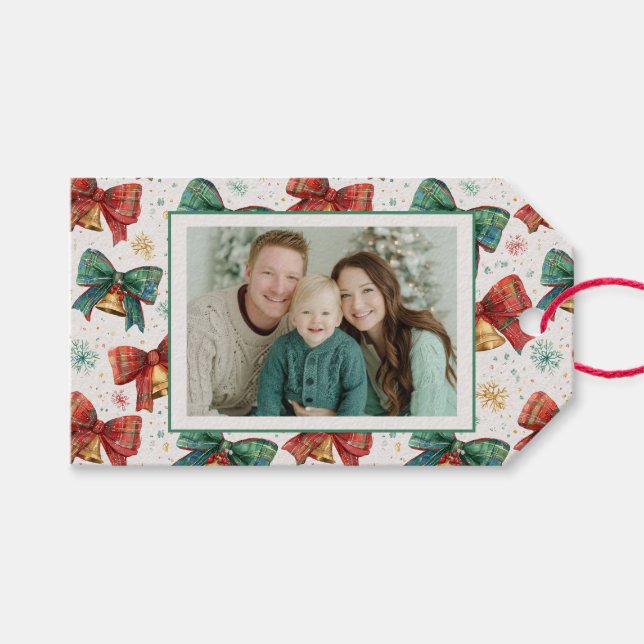 Kariert Bows Bells Foto Weihnachten Geschenkanhänger (Vorderseite (Horizontal))