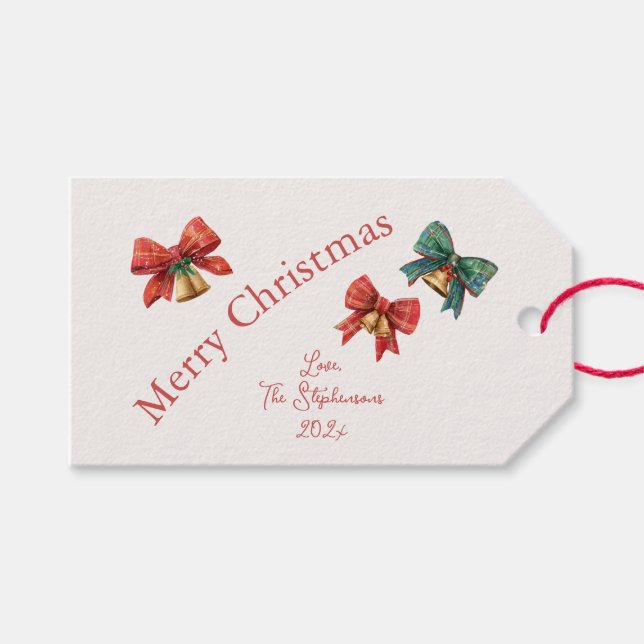 Kariert Bows Bells Retro Weihnachten Geschenkanhänger (Vorderseite (Horizontal))