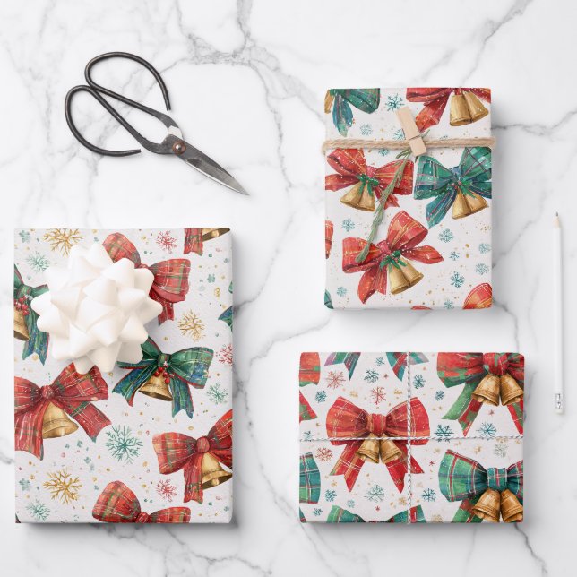 Kariert Bows Bells Retro Weihnachten Geschenkpapier Set (Vorderseite)