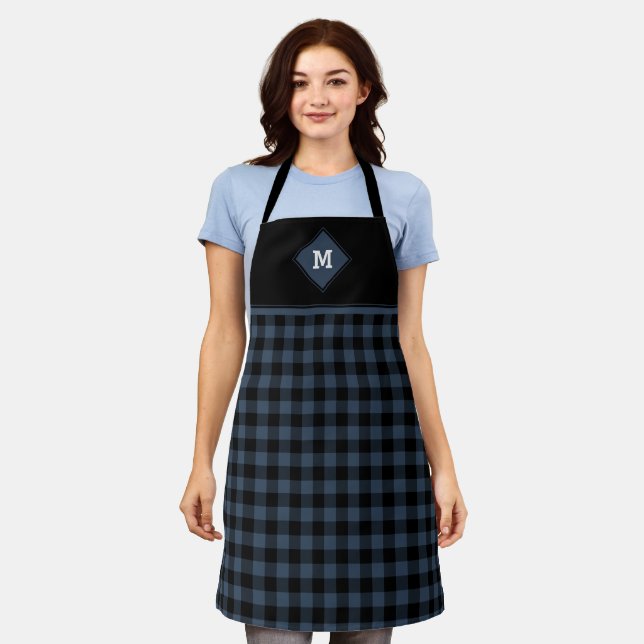Kariert Diamond Initial Dunkelblau + Schwarze Schü Schürze (Getragen)