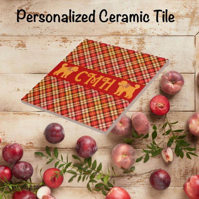 Kariert Doodle Golden Yellow Dog Personalisiert Fliese (Personalized ceramic tile in 2 sizes.)