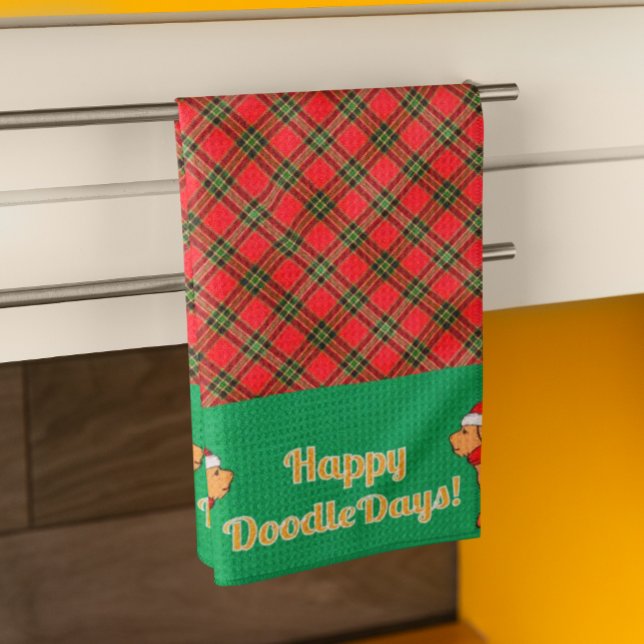 Kariert Doodle Yellow Dog Personalisiert Weihnacht Geschirrtuch (The cutest doggy holiday dish towel!)
