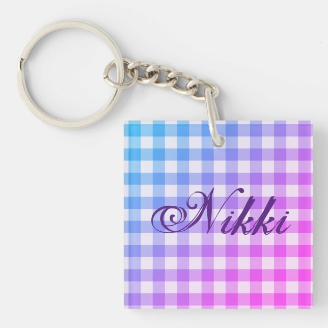 Kariert Gingham Pink Blue Modern Einfache Lila Bez Schlüsselanhänger (Vorderseite)
