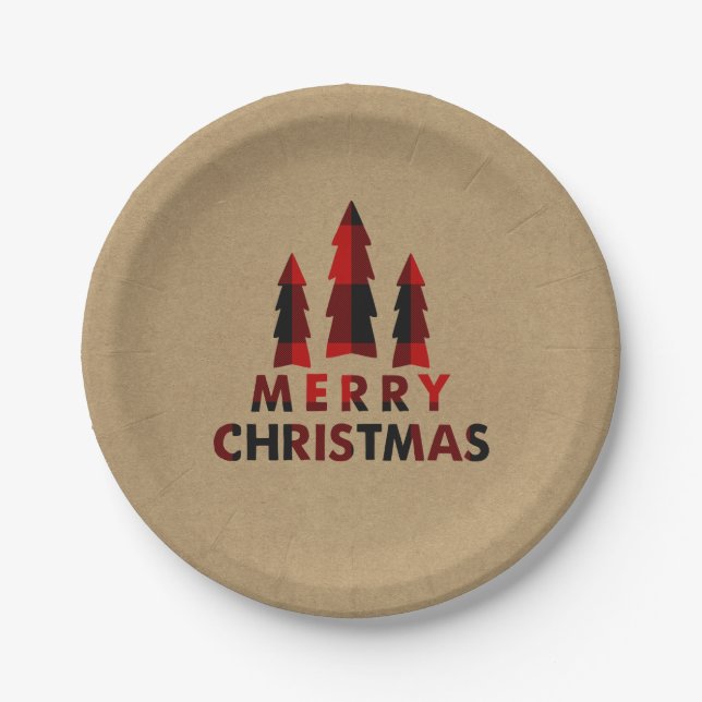Kariert Happy Holidays Weihnachtsbaumen Kariert Kr Pappteller (Vorderseite)