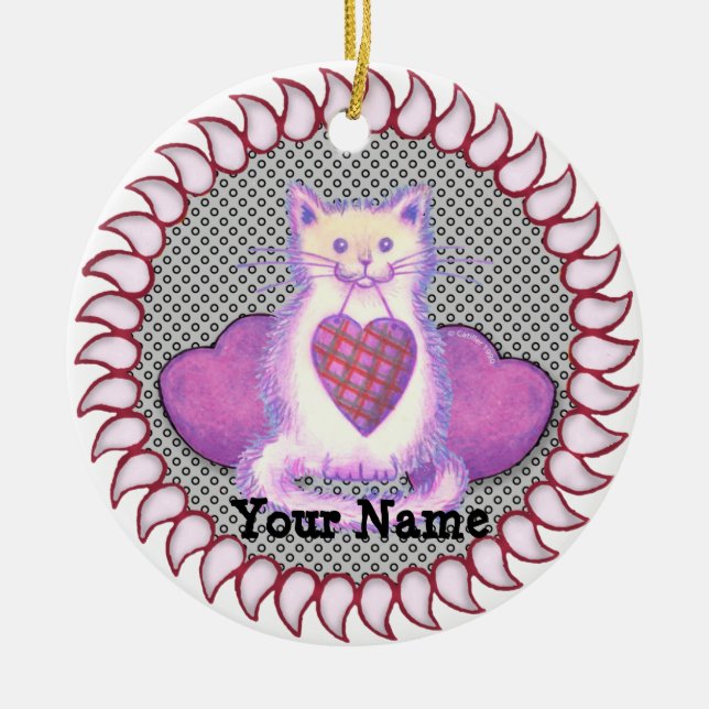 Kariert Heart Cat Keramik Ornament (Vorne)