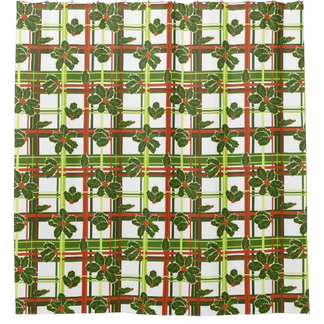 Kariert Holly Berries Weihnachten Duschvorhang (Vorderseite)