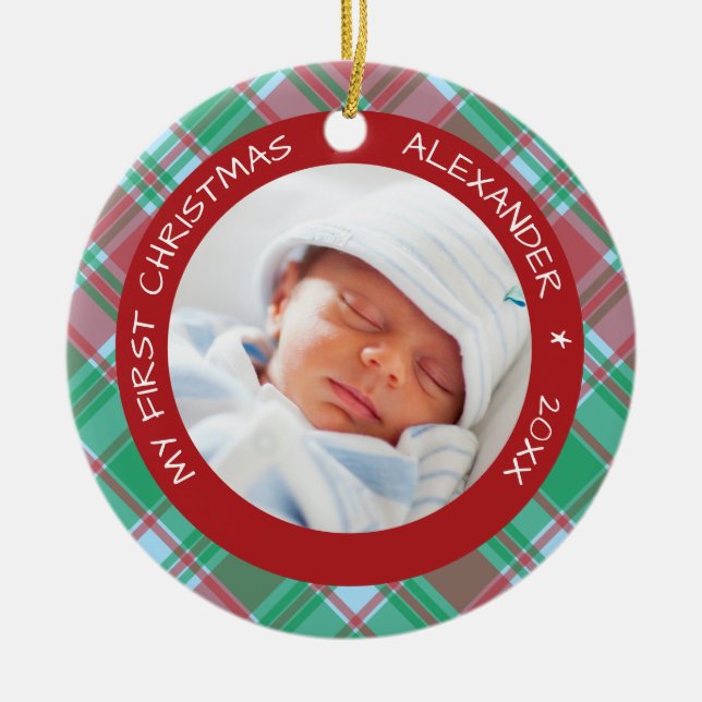 Kariert I Baby's First Christmas Foto Keramik Ornament (Vorne)