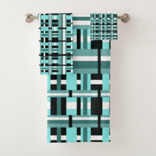 Kariert in Aqua, Aquamarin, schwarz und weiß Badhandtuch Set