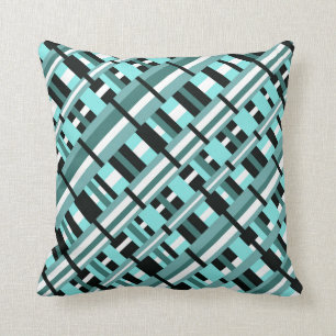 Kariert in Aqua, Aquamarin, Schwarz und Weiß Kissen