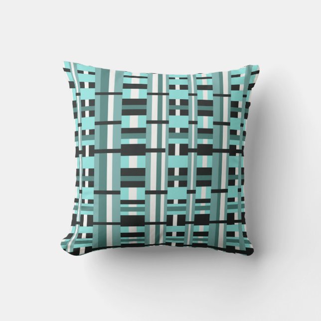 Kariert in Aqua, Aquamarin, Schwarz & Weiß Kissen (Vorderseite)