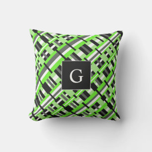 Kariert in Lime Green, Black & Grey Monogram Kissen Für Draußen