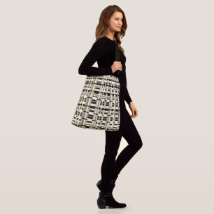 Kariert in Taupe, Tan, Black, White Modern Tragetaschen Mit Langen Trägern