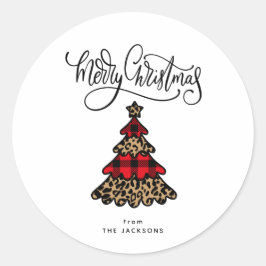 Kariert & Leopard Muster Weihnachtsbaum Minimalist Runder Aufkleber