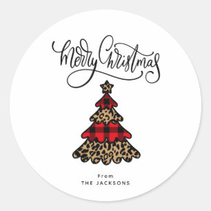 Kariert & Leopard Muster Weihnachtsbaum Minimalist Runder Aufkleber