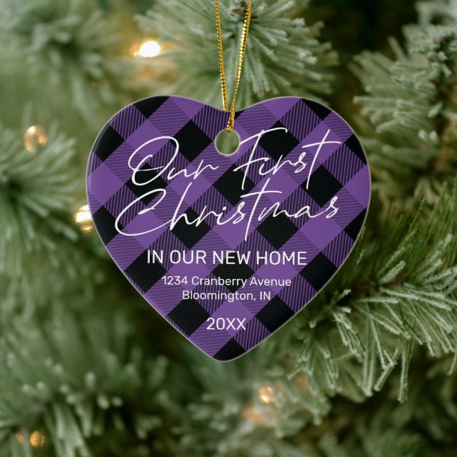 Kariert Lila Neue Zuhause Erste Weihnachtsfeier Keramik Ornament (Baum)