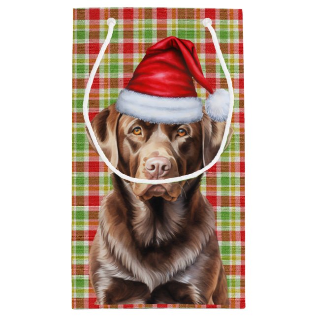 Kariert mit einem Schokolade Labrador Weihnachtshu Kleine Geschenktüte (Rückseite)