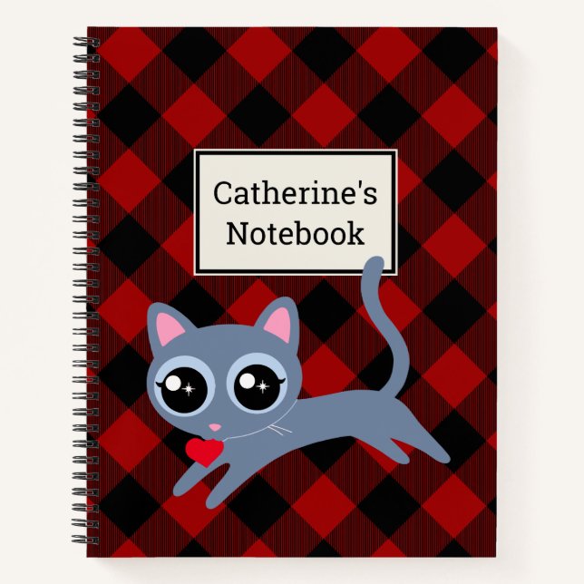 Kariert mit Gray Kitty Notizbuch (Vorderseite)