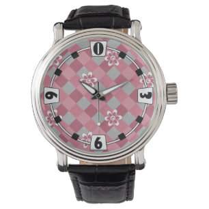 Kariert mit Kamille Blume in Grau und Rosa Armbanduhr