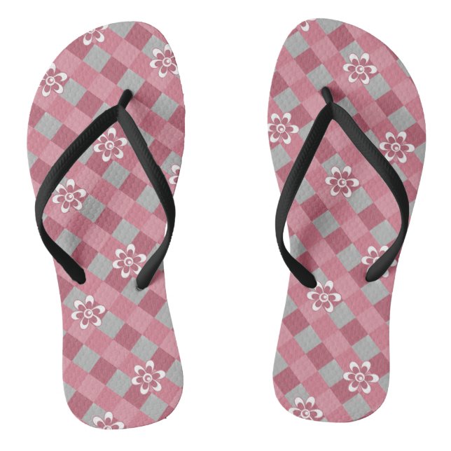 Kariert mit Kamille Blume in Grau und Rosa Flip Flops (Fußbett)