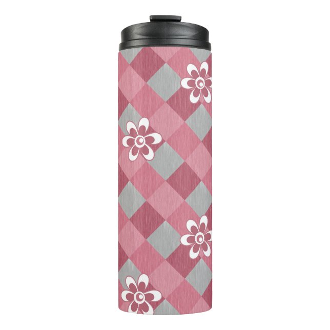 Kariert mit Kamille Blume in Grau und Rosa Thermosbecher (Vorderseite)
