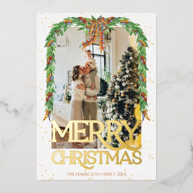 Kariert Orange Bow Foto Gold Foil Frohe Weihnachte Folieneinladung (Vorderseite)