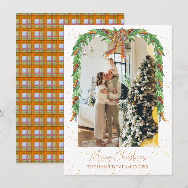 Kariert Orange Bow Garland Foto Weihnachten (Vorne/Hinten)