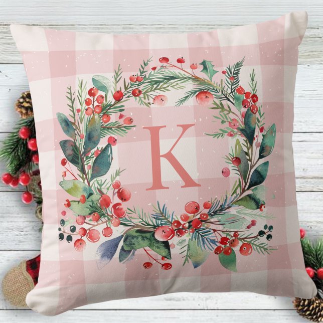 Kariert Pink Monogram Greenerity Weihnachtskranz Kissen (Von Creator hochgeladen)