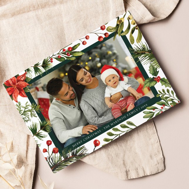 Kariert Poinsettia Botanisches Foto Tartan Feiertagskarte (Plaid Clan MacKenzie Tartan Christmas Greetings Card)