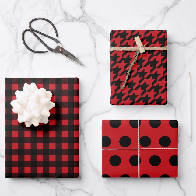 Kariert Polka Dot Hahnentrittmuster Geschenkpapier Set (Vorderseite)