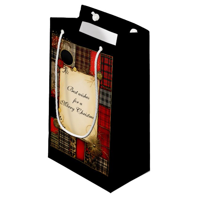 Kariert Red Black Gold Weihnachtsgrüße Kleine Geschenktüte (Vorderseite Schrägansicht)