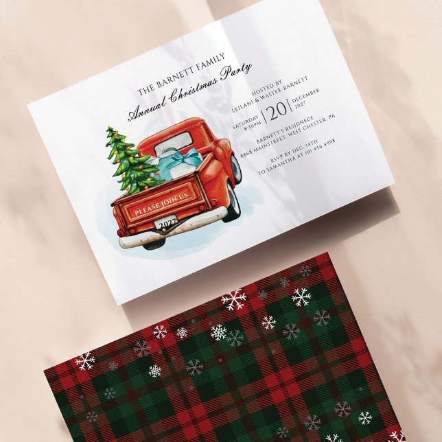 Kariert Red Truck Weihnachts-Party Einladung (Plaid and Snowflakes Christmas Party Invitation)